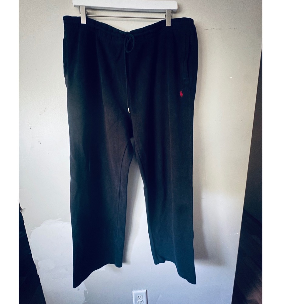 Polo Ralph Lauren Mens XL Black Cotton Sweatpants Red Pony Logo Wideleg Pants